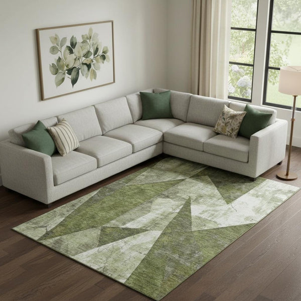 HomeRoots 9' X 12' Washable Abstract Geometric Area Rug in Green, Ivory & Beige - Durable, UV Protected Design 705328