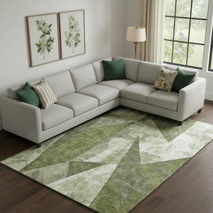 HomeRoots 10' X 14' Washable Area Rug - Abstract Geometric Design in Green, Ivory & Beige with UV Protection 705329