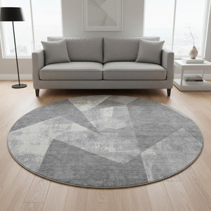 HomeRoots 8' Gray And Ivory Abstract Geometric Round Rug - Washable, UV Protected, Stylish & Durable Design 705332