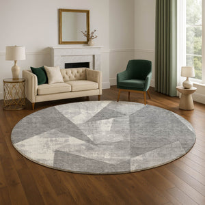 HomeRoots 8' Gray And Ivory Abstract Geometric Round Rug - Washable, UV Protected, Stylish & Durable Design 705332