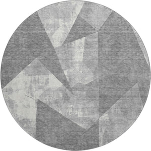 HomeRoots 8' Gray And Ivory Abstract Geometric Round Rug - Washable, UV Protected, Stylish & Durable Design 705332