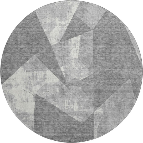 HomeRoots 8' Gray And Ivory Abstract Geometric Round Rug - Washable, UV Protected, Stylish & Durable Design 705332