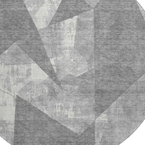 HomeRoots 8' Gray And Ivory Abstract Geometric Round Rug - Washable, UV Protected, Stylish & Durable Design 705332