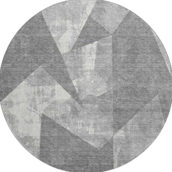 HomeRoots 8' Gray And Ivory Abstract Geometric Round Rug - Washable, UV Protected, Stylish & Durable Design 705332