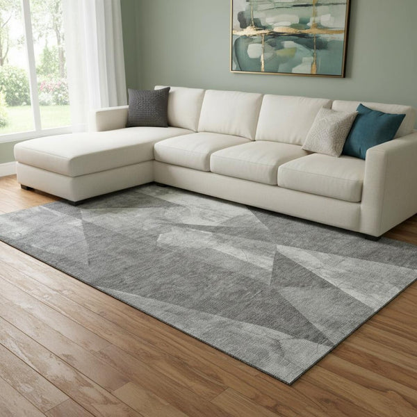 HomeRoots 8' X 10' Gray and Ivory Abstract Geometric Washable Area Rug – Stylish, Durable, and UV Protected! 705333