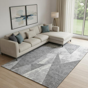 HomeRoots 9' X 12' Gray And Ivory Abstract Geometric Area Rug – Washable, UV-Protected, Durable, Non-Slip Design 705334