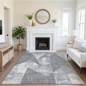 HomeRoots 10' X 14' Gray And Ivory Geometric Area Rug - Washable, UV-Protected, Perfect for High-Traffic Homes 705335