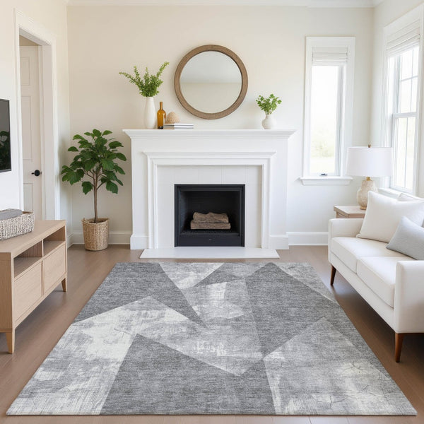 HomeRoots 10' X 14' Gray And Ivory Geometric Area Rug - Washable, UV-Protected, Perfect for High-Traffic Homes 705335