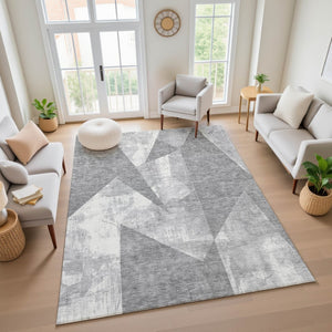 HomeRoots 10' X 14' Gray And Ivory Geometric Area Rug - Washable, UV-Protected, Perfect for High-Traffic Homes 705335
