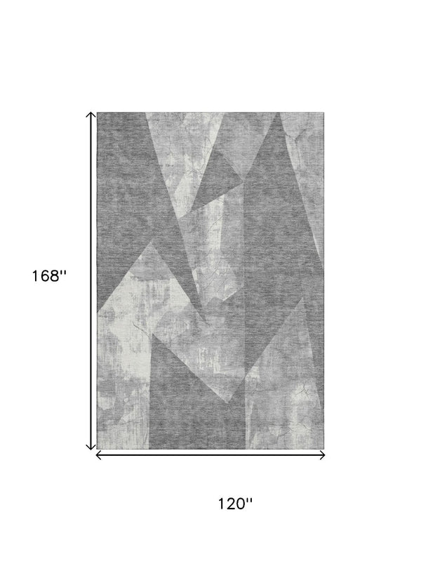 HomeRoots 10' X 14' Gray And Ivory Geometric Area Rug - Washable, UV-Protected, Perfect for High-Traffic Homes 705335