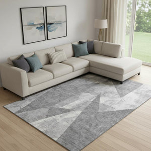 HomeRoots 10' X 14' Gray And Ivory Geometric Area Rug - Washable, UV-Protected, Perfect for High-Traffic Homes 705335