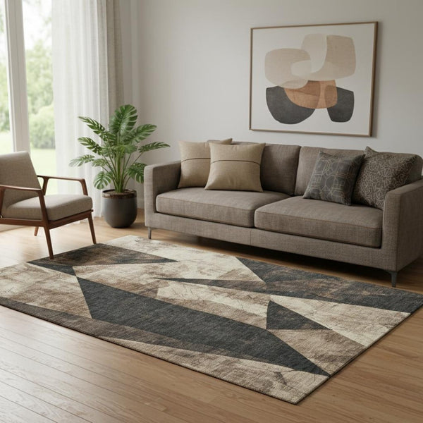 HomeRoots 5' X 8' Coffee & Beige Abstract Geometric Area Rug - Washable, UV Protected, Durable for High-Traffic Spaces 705337