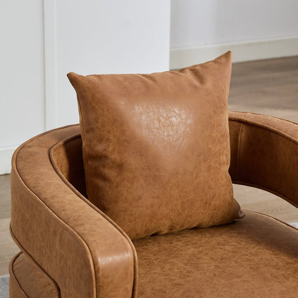 English Elm 28.9"w Swivel Barrel Accent Chair Faux Leather Open Back with Rubberwood Base Brown W3188P417874