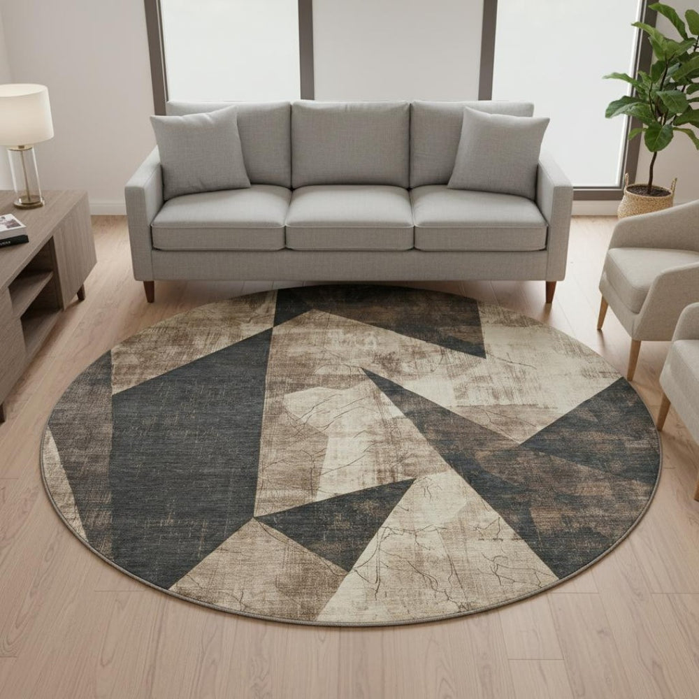 HomeRoots 8' Coffee and Beige Abstract Geometric Round Rug - Washable, UV-Protected, Durable for High-Traffic Areas 705338