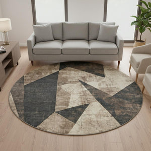 HomeRoots 8' Coffee and Beige Abstract Geometric Round Rug - Washable, UV-Protected, Durable for High-Traffic Areas 705338