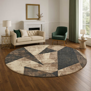 HomeRoots 8' Coffee and Beige Abstract Geometric Round Rug - Washable, UV-Protected, Durable for High-Traffic Areas 705338