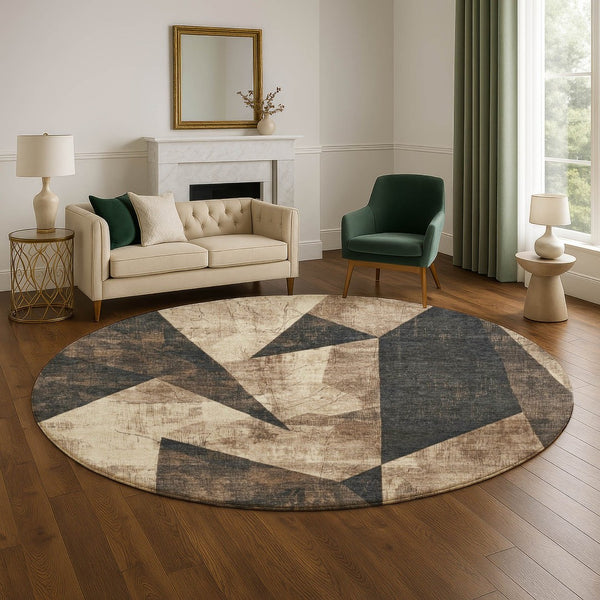 HomeRoots 8' Coffee and Beige Abstract Geometric Round Rug - Washable, UV-Protected, Durable for High-Traffic Areas 705338
