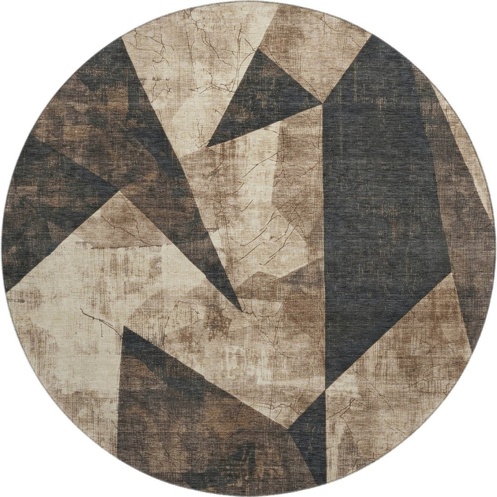 HomeRoots 8' Coffee and Beige Abstract Geometric Round Rug - Washable, UV-Protected, Durable for High-Traffic Areas 705338