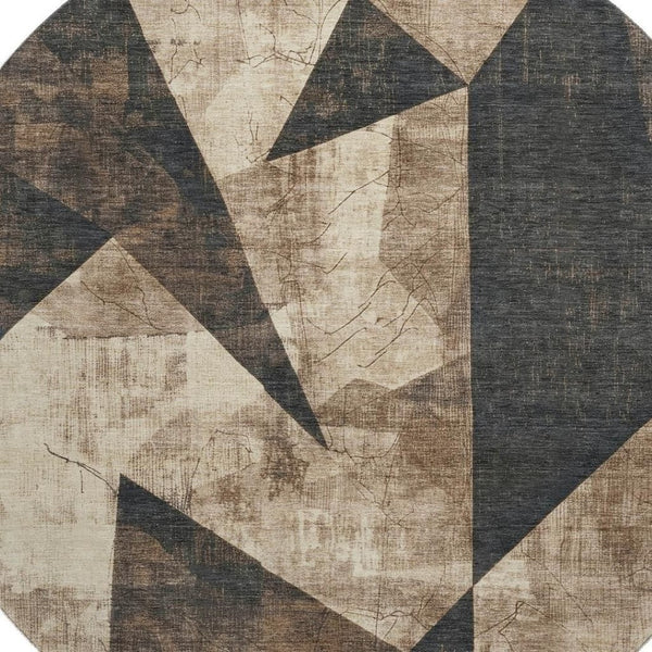 HomeRoots 8' Coffee and Beige Abstract Geometric Round Rug - Washable, UV-Protected, Durable for High-Traffic Areas 705338