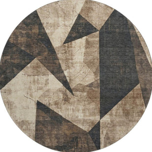 HomeRoots 8' Coffee and Beige Abstract Geometric Round Rug - Washable, UV-Protected, Durable for High-Traffic Areas 705338
