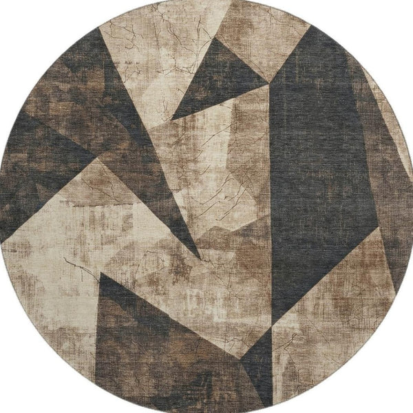 HomeRoots 8' Coffee and Beige Abstract Geometric Round Rug - Washable, UV-Protected, Durable for High-Traffic Areas 705338