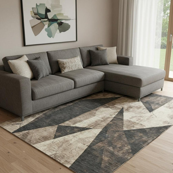 HomeRoots 8' X 10' Washable Coffee & Beige Geometric Area Rug with UV Protection for Stylish Home Decor 705339
