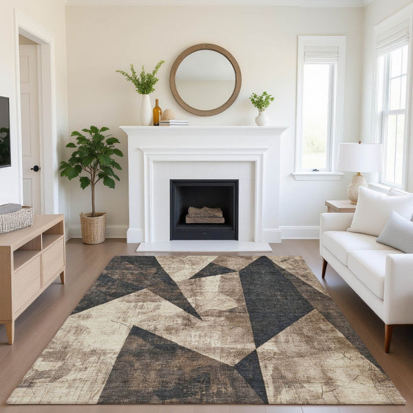 HomeRoots 8' X 10' Washable Coffee & Beige Geometric Area Rug with UV Protection for Stylish Home Decor 705339