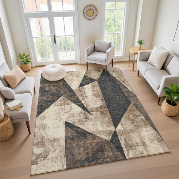 HomeRoots 8' X 10' Washable Coffee & Beige Geometric Area Rug with UV Protection for Stylish Home Decor 705339