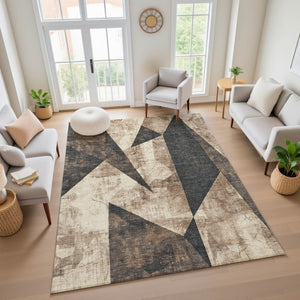 HomeRoots 9' X 12' Stylish Coffee and Beige Abstract Geometric Area Rug with UV Protection & Stain Resistance 705340