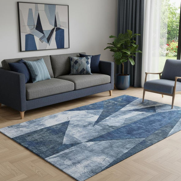 HomeRoots 5' X 8' Navy Blue & Ivory Abstract Geometric Rug - Washable, UV-Protected, Stain-Resistant Design! 705343