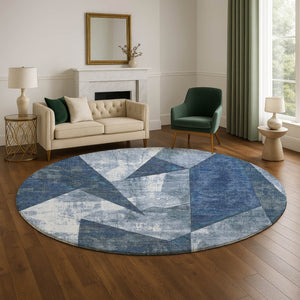 HomeRoots 8' Navy Blue and Ivory Abstract Geometric Round Rug - Washable, UV Protected, Perfect for Any Room 705344
