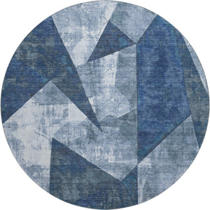 HomeRoots 8' Navy Blue and Ivory Abstract Geometric Round Rug - Washable, UV Protected, Perfect for Any Room 705344