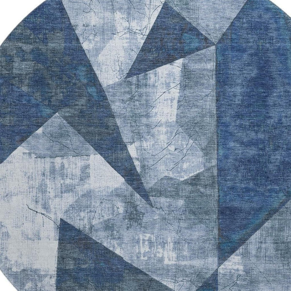 HomeRoots 8' Navy Blue and Ivory Abstract Geometric Round Rug - Washable, UV Protected, Perfect for Any Room 705344