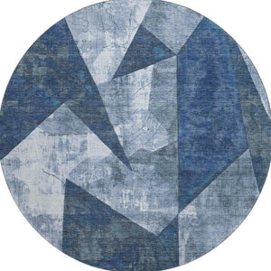 HomeRoots 8' Navy Blue and Ivory Abstract Geometric Round Rug - Washable, UV Protected, Perfect for Any Room 705344