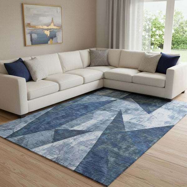 HomeRoots 8' X 10' Navy Blue & Ivory Abstract Geometric Area Rug – Washable, UV Protected, Durable for Homes 705345