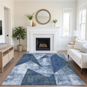 HomeRoots 8' X 10' Navy Blue & Ivory Abstract Geometric Area Rug – Washable, UV Protected, Durable for Homes 705345