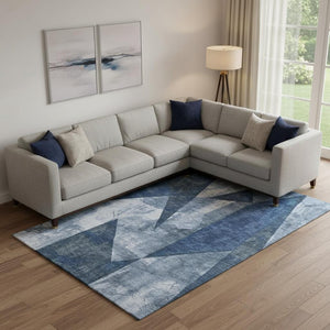 HomeRoots 9' x 12' Navy Blue and Ivory Abstract Geometric Area Rug - Washable, UV Protected, Pet Friendly Design 705346