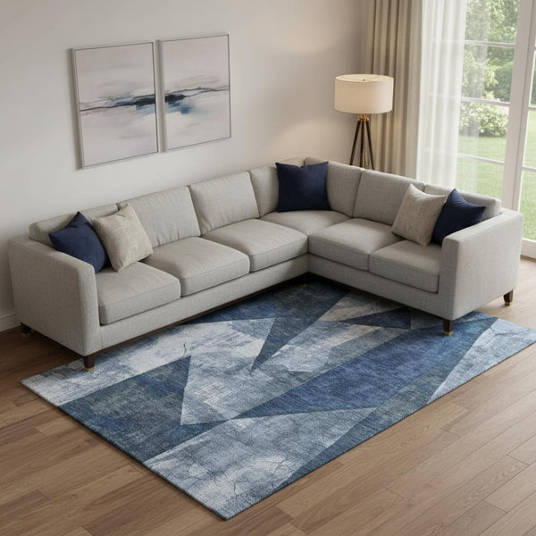 HomeRoots 9' x 12' Navy Blue and Ivory Abstract Geometric Area Rug - Washable, UV Protected, Pet Friendly Design 705346
