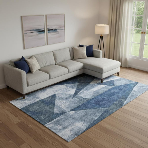 HomeRoots 10' Navy Blue & Ivory Abstract Geometric Area Rug - Washable, UV Protected, Durable for High-Traffic Spaces 705347