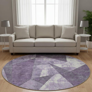 HomeRoots 8' Purple and Ivory Abstract Geometric Round Rug – Washable, UV Protected, Stain Resistant, Soft Comfort 705350