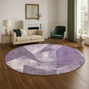 HomeRoots 8' Purple and Ivory Abstract Geometric Round Rug – Washable, UV Protected, Stain Resistant, Soft Comfort 705350