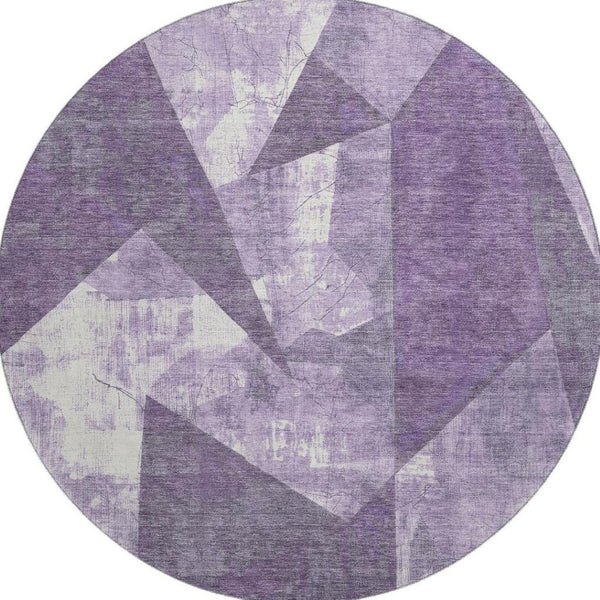 HomeRoots 8' Purple and Ivory Abstract Geometric Round Rug – Washable, UV Protected, Stain Resistant, Soft Comfort 705350
