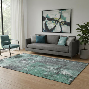 HomeRoots 5' Washable Abstract Area Rug in Green, Gray, and Ivory - UV Protected, Stain Resistant, Non-Slip 705355