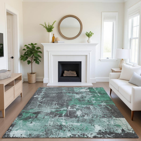 HomeRoots 5' Washable Abstract Area Rug in Green, Gray, and Ivory - UV Protected, Stain Resistant, Non-Slip 705355