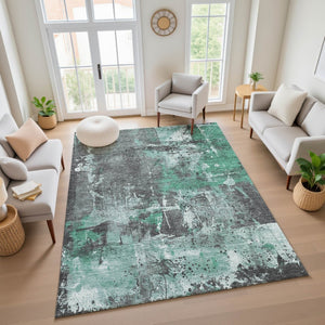 HomeRoots 5' Washable Abstract Area Rug in Green, Gray, and Ivory - UV Protected, Stain Resistant, Non-Slip 705355