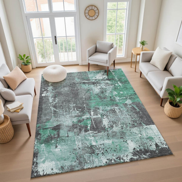 HomeRoots 5' Washable Abstract Area Rug in Green, Gray, and Ivory - UV Protected, Stain Resistant, Non-Slip 705355