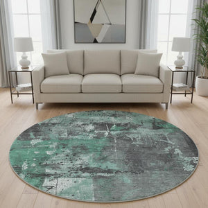 HomeRoots 8' Stylish Green Gray Ivory Abstract Washable Round Rug with UV Protection for Modern Spaces 705356