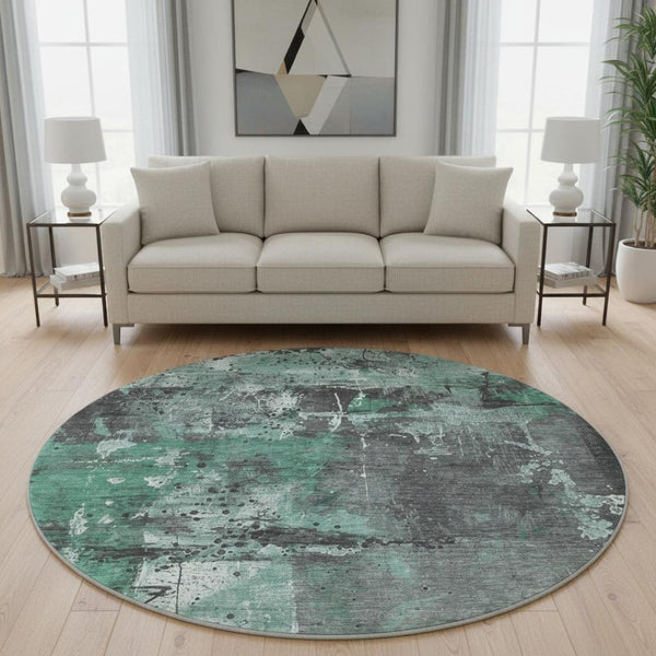 HomeRoots 8' Stylish Green Gray Ivory Abstract Washable Round Rug with UV Protection for Modern Spaces 705356