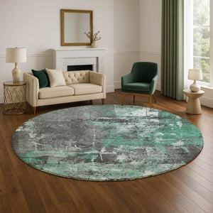 HomeRoots 8' Stylish Green Gray Ivory Abstract Washable Round Rug with UV Protection for Modern Spaces 705356