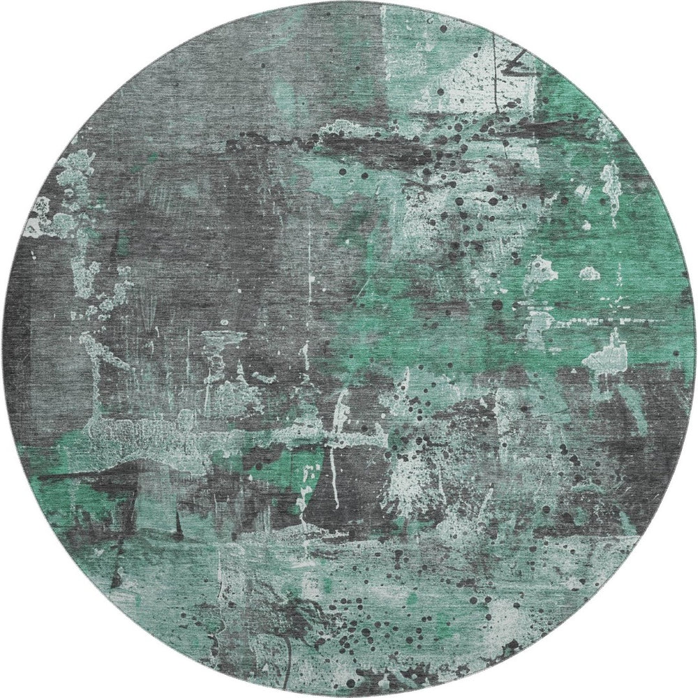 HomeRoots 8' Stylish Green Gray Ivory Abstract Washable Round Rug with UV Protection for Modern Spaces 705356